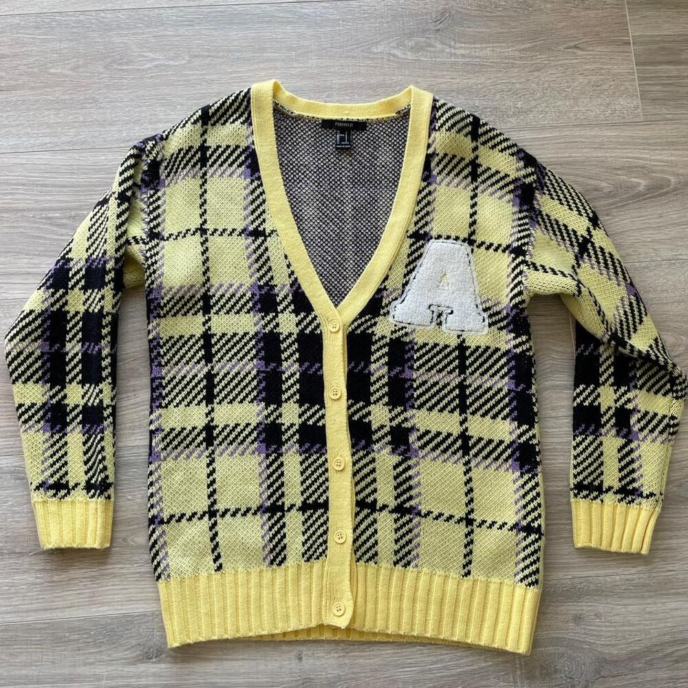 Butter Yellow Black & Purple Plaid Cardigan w/ Chenille A Preppy Academia Punk